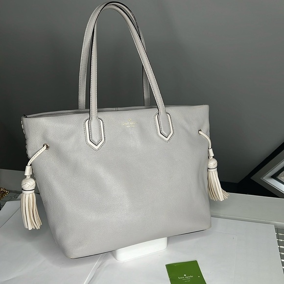 Kate Spade New York Pratt Street Brandice Zip Tote Gray Leather White Stitching - Picture 1 of 16